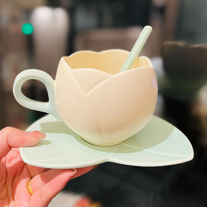Ceramic Tulip-Shaped Coffee Cup with Saucer - Aesthetic Relief Design for Office and Home, Perfect Gift for Stylish Girls Ceramic Tulip-Shaped Coffee Cup with Saucer - Aesthetic Relief Design for Office and Home, Perfect Gift for Stylish Girls