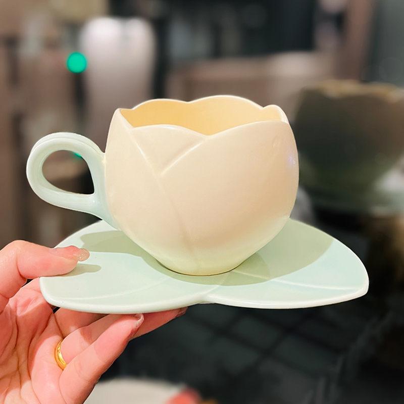 Ceramic Tulip-Shaped Coffee Cup with Saucer - Aesthetic Relief Design for Office and Home, Perfect Gift for Stylish Girls Ceramic Tulip-Shaped Coffee Cup with Saucer - Aesthetic Relief Design for Office and Home, Perfect Gift for Stylish Girls