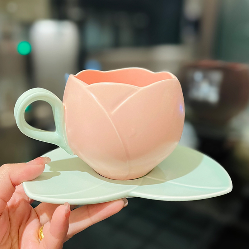 Ceramic Tulip-Shaped Coffee Cup with Saucer - Aesthetic Relief Design for Office and Home, Perfect Gift for Stylish Girls Ceramic Tulip-Shaped Coffee Cup with Saucer - Aesthetic Relief Design for Office and Home, Perfect Gift for Stylish Girls