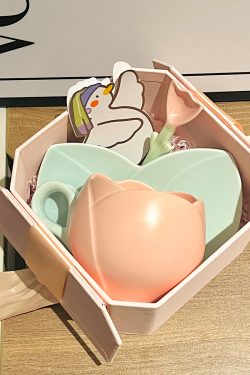 Ceramic Tulip-Shaped Coffee Cup with Saucer - Aesthetic Relief Design for Office and Home, Perfect Gift for Stylish Girls