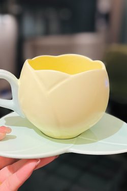 Ceramic Tulip-Shaped Coffee Cup with Saucer - Aesthetic Relief Design for Office and Home, Perfect Gift for Stylish Girls