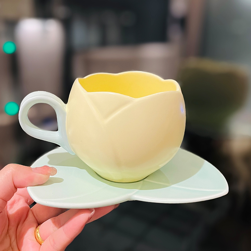 Ceramic Tulip-Shaped Coffee Cup with Saucer - Aesthetic Relief Design for Office and Home, Perfect Gift for Stylish Girls Ceramic Tulip-Shaped Coffee Cup with Saucer - Aesthetic Relief Design for Office and Home, Perfect Gift for Stylish Girls