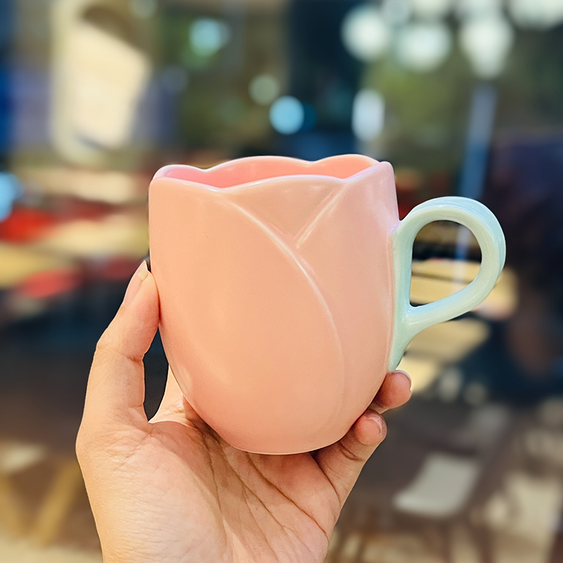 Ceramic Tulip-Shaped Coffee Cup with Saucer - Aesthetic Relief Design for Office and Home, Perfect Gift for Stylish Girls Ceramic Tulip-Shaped Coffee Cup with Saucer - Aesthetic Relief Design for Office and Home, Perfect Gift for Stylish Girls