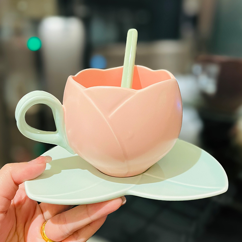 Ceramic Tulip-Shaped Coffee Cup with Saucer - Aesthetic Relief Design for Office and Home, Perfect Gift for Stylish Girls Ceramic Tulip-Shaped Coffee Cup with Saucer - Aesthetic Relief Design for Office and Home, Perfect Gift for Stylish Girls