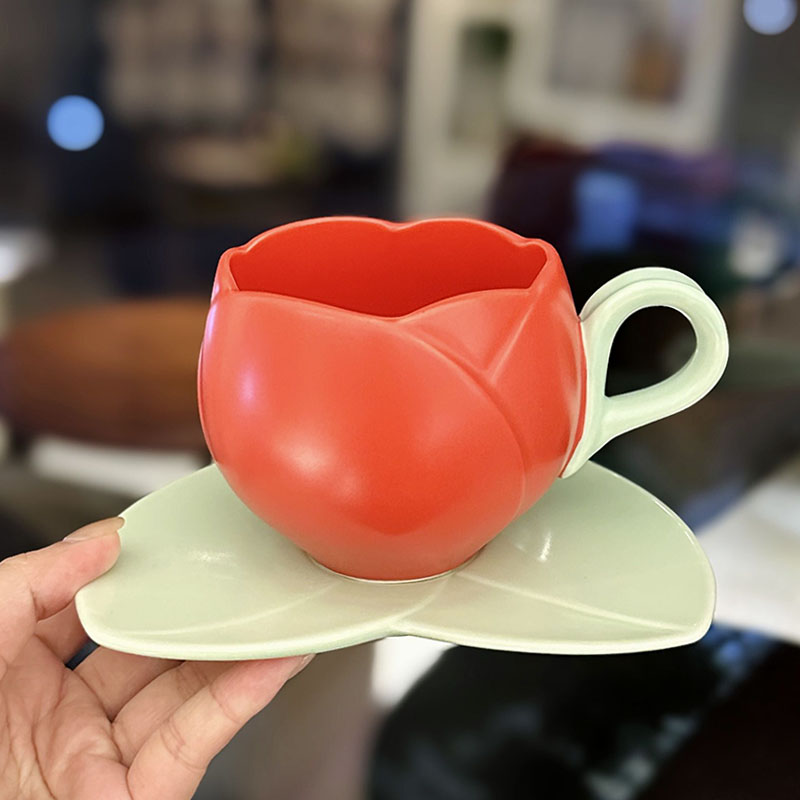 Ceramic Tulip-Shaped Coffee Cup with Saucer - Aesthetic Relief Design for Office and Home, Perfect Gift for Stylish Girls Ceramic Tulip-Shaped Coffee Cup with Saucer - Aesthetic Relief Design for Office and Home, Perfect Gift for Stylish Girls