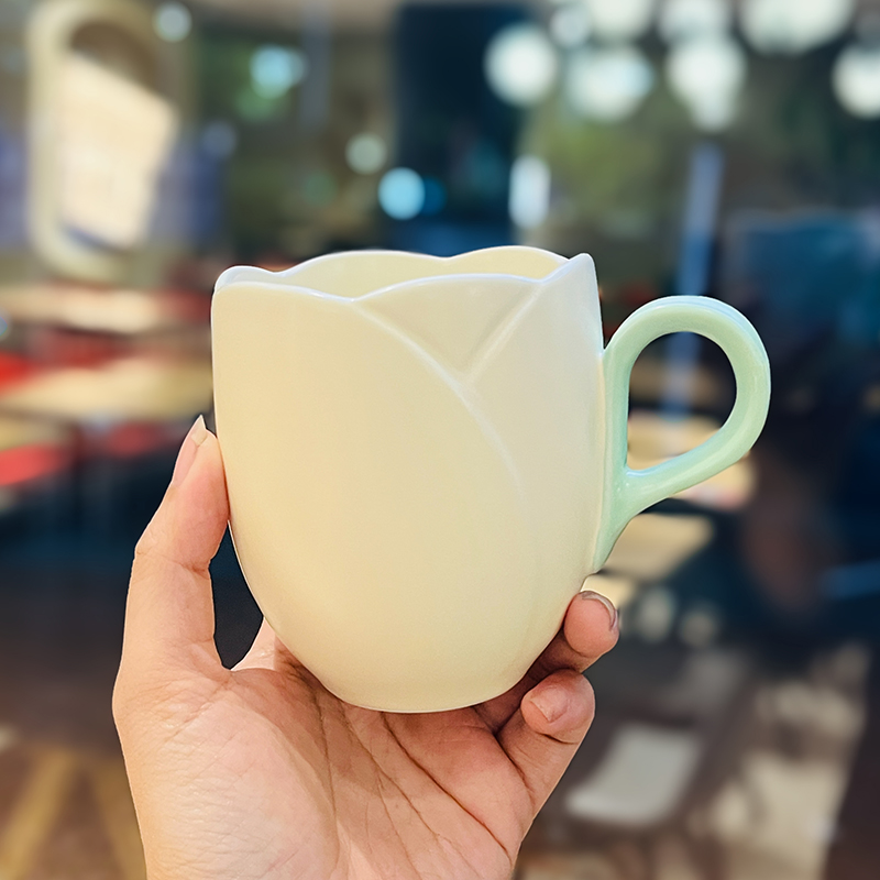 Ceramic Tulip-Shaped Coffee Cup with Saucer - Aesthetic Relief Design for Office and Home, Perfect Gift for Stylish Girls Ceramic Tulip-Shaped Coffee Cup with Saucer - Aesthetic Relief Design for Office and Home, Perfect Gift for Stylish Girls