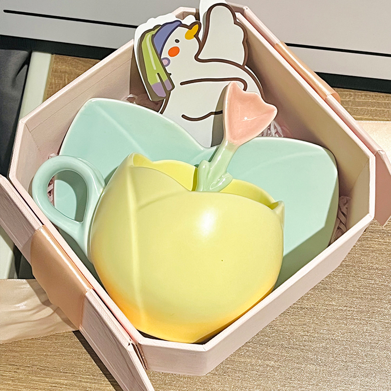 Ceramic Tulip-Shaped Coffee Cup with Saucer - Aesthetic Relief Design for Office and Home, Perfect Gift for Stylish Girls Ceramic Tulip-Shaped Coffee Cup with Saucer - Aesthetic Relief Design for Office and Home, Perfect Gift for Stylish Girls