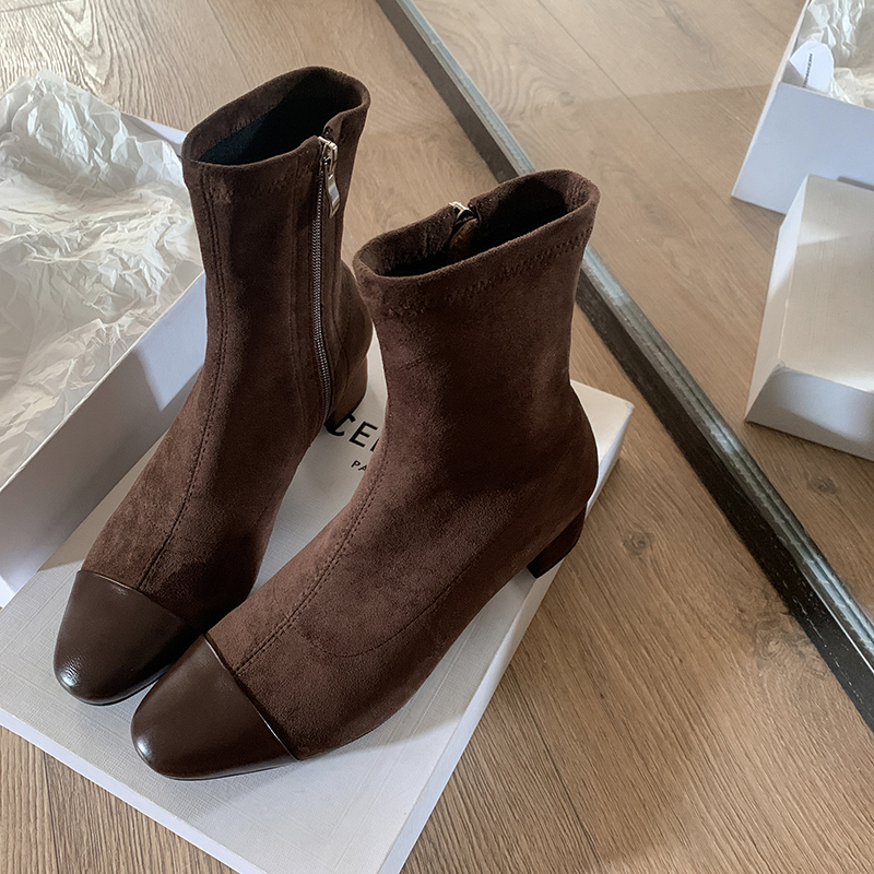 Chanel-Style Patchwork Chunky Heeled Long Boots for Women, Height-Increasing Slim-Fit Design, Fashionable Footwear for Petite Individuals Chanel-Style Patchwork Chunky Heeled Long Boots for Women, Height-Increasing Slim-Fit Design, Fashionable Footwear for Petite Individuals