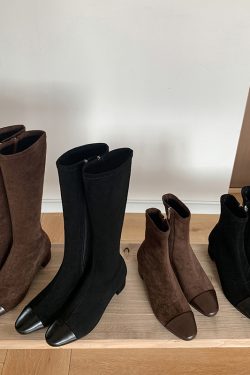 Chanel-Style Patchwork Chunky Heeled Long Boots for Women, Height-Increasing Slim-Fit Design, Fashionable Footwear for Petite Individuals