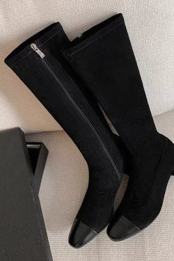 Chanel-Style Patchwork Chunky Heeled Long Boots for Women, Height-Increasing Slim-Fit Design, Fashionable Footwear for Petite Individuals