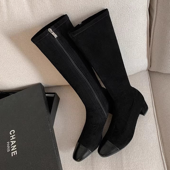 Chanel-Style Patchwork Chunky Heeled Long Boots for Women, Height-Increasing Slim-Fit Design, Fashionable Footwear for Petite Individuals Chanel-Style Patchwork Chunky Heeled Long Boots for Women, Height-Increasing Slim-Fit Design, Fashionable Footwear for Petite Individuals