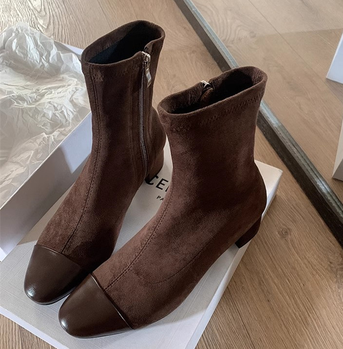 Chanel-Style Patchwork Chunky Heeled Long Boots for Women, Height-Increasing Slim-Fit Design, Fashionable Footwear for Petite Individuals Chanel-Style Patchwork Chunky Heeled Long Boots for Women, Height-Increasing Slim-Fit Design, Fashionable Footwear for Petite Individuals