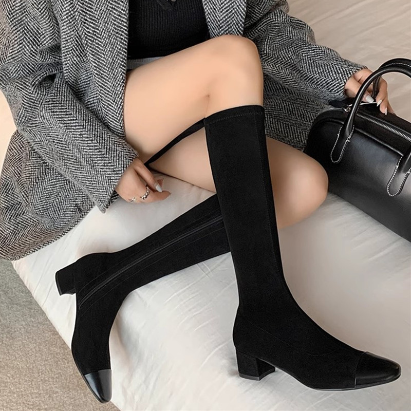 Chanel-Style Patchwork Chunky Heeled Long Boots for Women, Height-Increasing Slim-Fit Design, Fashionable Footwear for Petite Individuals Chanel-Style Patchwork Chunky Heeled Long Boots for Women, Height-Increasing Slim-Fit Design, Fashionable Footwear for Petite Individuals