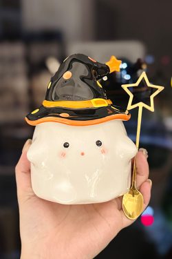 Charming Ceramic Graduation Mug for Girls, Stylish Ghost Design with Lid, Perfect Birthday Party Favor