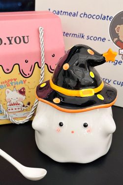 Charming Ceramic Graduation Mug for Girls, Stylish Ghost Design with Lid, Perfect Birthday Party Favor