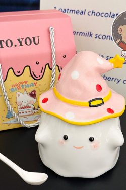 Charming Ceramic Graduation Mug for Girls, Stylish Ghost Design with Lid, Perfect Birthday Party Favor