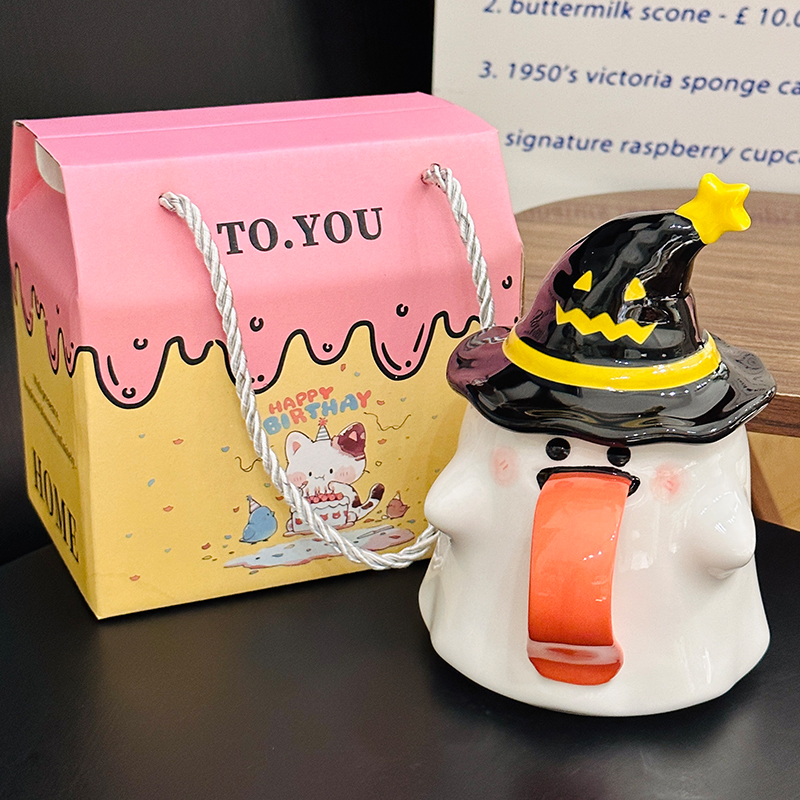 Charming Ceramic Graduation Mug for Girls, Stylish Ghost Design with Lid, Perfect Birthday Party Favor Charming Ceramic Graduation Mug for Girls, Stylish Ghost Design with Lid, Perfect Birthday Party Favor