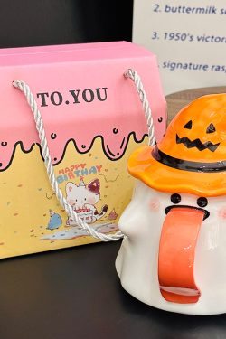 Charming Ceramic Graduation Mug for Girls, Stylish Ghost Design with Lid, Perfect Birthday Party Favor