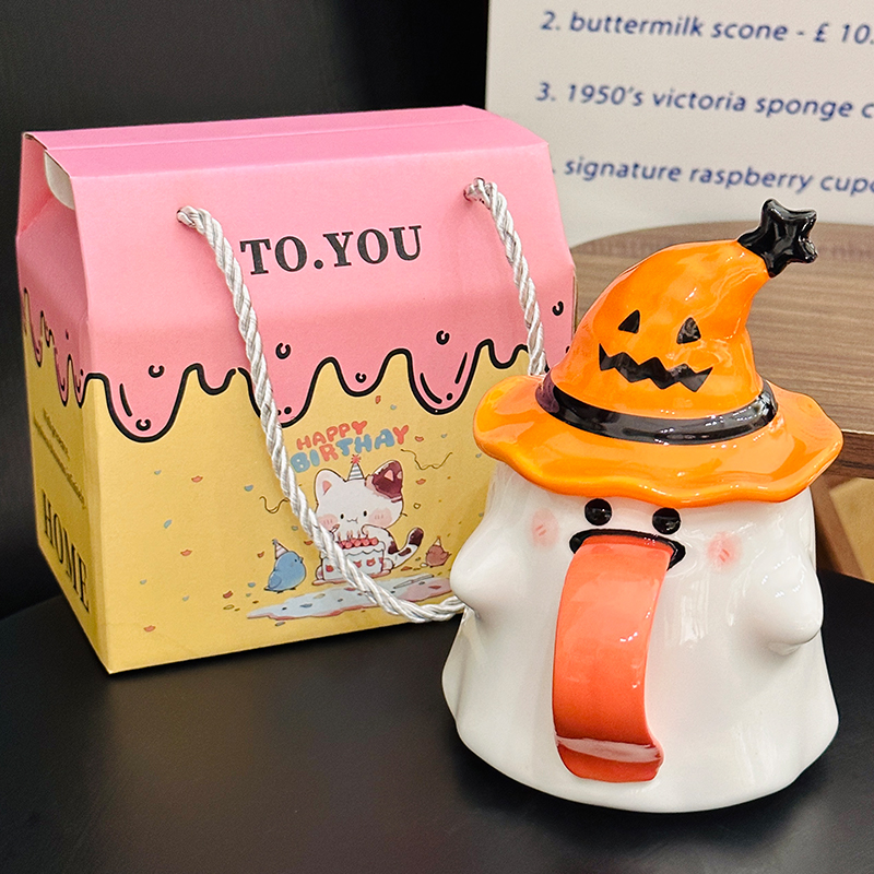 Charming Ceramic Graduation Mug for Girls, Stylish Ghost Design with Lid, Perfect Birthday Party Favor Charming Ceramic Graduation Mug for Girls, Stylish Ghost Design with Lid, Perfect Birthday Party Favor