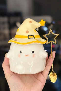 Charming Ceramic Graduation Mug for Girls, Stylish Ghost Design with Lid, Perfect Birthday Party Favor