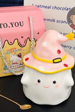 Charming Ceramic Graduation Mug for Girls, Stylish Ghost Design with Lid, Perfect Birthday Party Favor