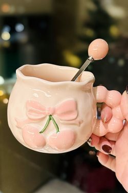 Charming Cherry Ceramic Mug with Underglaze Color, Embossed 3D Design - Unique Water Cup for Birthdays and Special Occasions