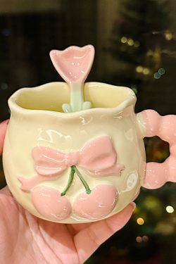 Charming Cherry Ceramic Mug with Underglaze Color, Embossed 3D Design - Unique Water Cup for Birthdays and Special Occasions