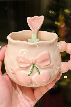 Charming Cherry Ceramic Mug with Underglaze Color, Embossed 3D Design - Unique Water Cup for Birthdays and Special Occasions
