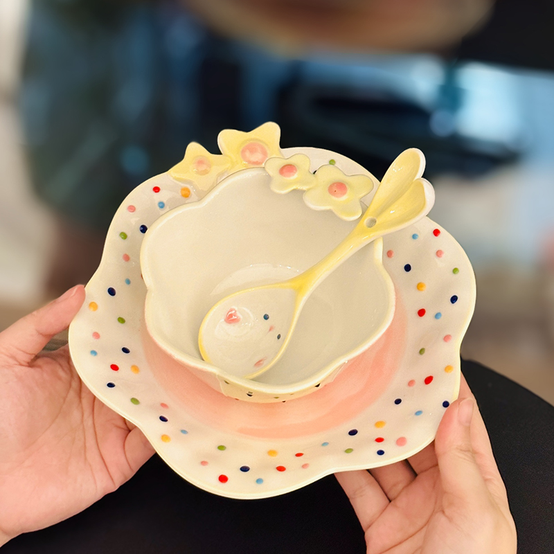 Charming Embossed Flower Dinnerware Set for Girls - Under-glaze Ceramic Yogurt Bowls and Plates, Cute Floral Design Charming Embossed Flower Dinnerware Set for Girls - Under-glaze Ceramic Yogurt Bowls and Plates, Cute Floral Design