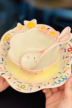 Charming Embossed Flower Dinnerware Set for Girls - Under-glaze Ceramic Yogurt Bowls and Plates, Cute Floral Design