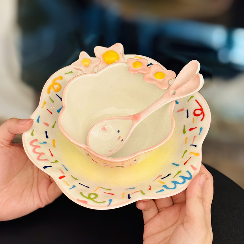 Charming Embossed Flower Dinnerware Set for Girls - Under-glaze Ceramic Yogurt Bowls and Plates, Cute Floral Design Charming Embossed Flower Dinnerware Set for Girls - Under-glaze Ceramic Yogurt Bowls and Plates, Cute Floral Design