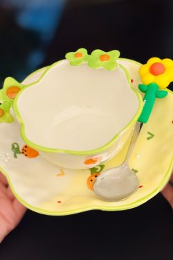 Charming Embossed Flower Dinnerware Set for Girls - Under-glaze Ceramic Yogurt Bowls and Plates, Cute Floral Design