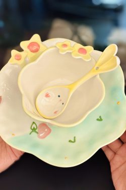 Charming Embossed Flower Dinnerware Set for Girls - Under-glaze Ceramic Yogurt Bowls and Plates, Cute Floral Design