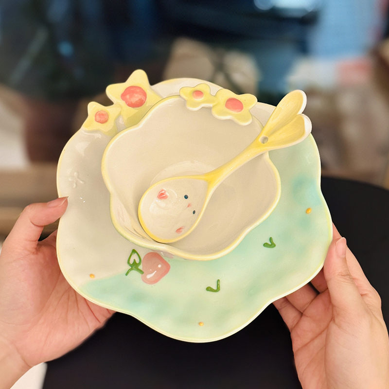 Charming Embossed Flower Dinnerware Set for Girls - Under-glaze Ceramic Yogurt Bowls and Plates, Cute Floral Design Charming Embossed Flower Dinnerware Set for Girls - Under-glaze Ceramic Yogurt Bowls and Plates, Cute Floral Design