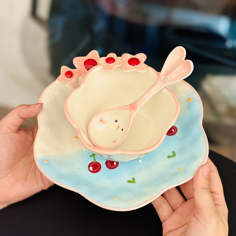 Charming Embossed Flower Dinnerware Set for Girls - Under-glaze Ceramic Yogurt Bowls and Plates, Cute Floral Design Charming Embossed Flower Dinnerware Set for Girls - Under-glaze Ceramic Yogurt Bowls and Plates, Cute Floral Design
