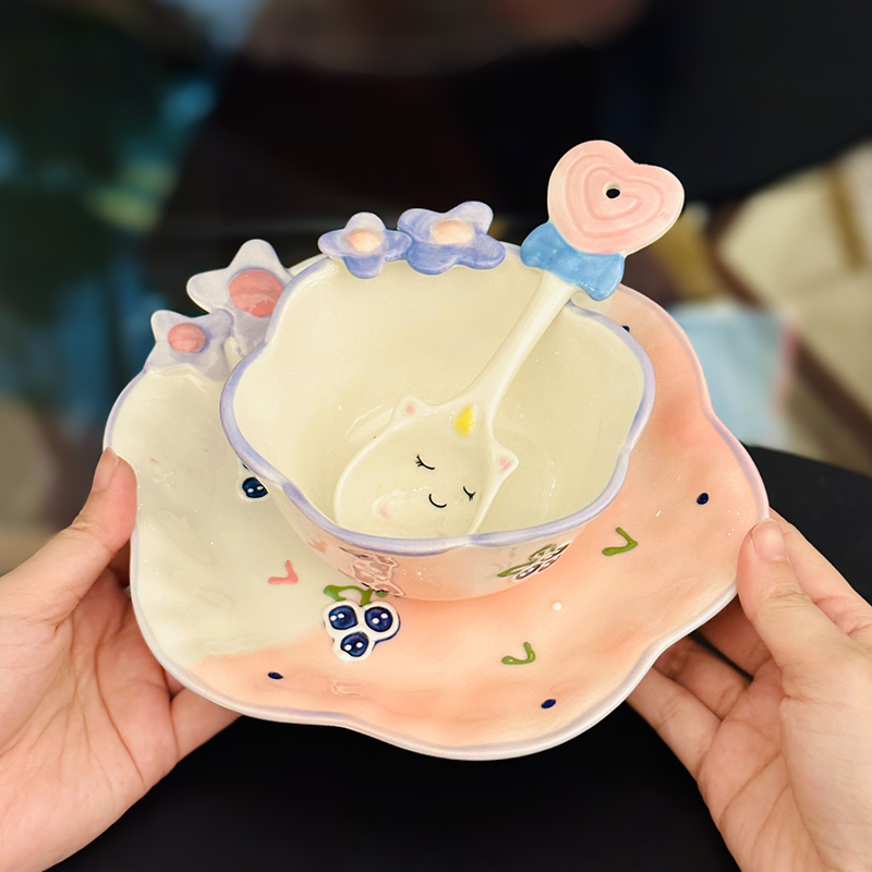 Charming Embossed Flower Dinnerware Set for Girls - Under-glaze Ceramic Yogurt Bowls and Plates, Cute Floral Design Charming Embossed Flower Dinnerware Set for Girls - Under-glaze Ceramic Yogurt Bowls and Plates, Cute Floral Design