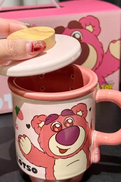 Charming Winnie the Pooh Ceramic Mug with Lid & Filter - Cute Water Separation Cup for Tea Brewing, Perfect for Office Use