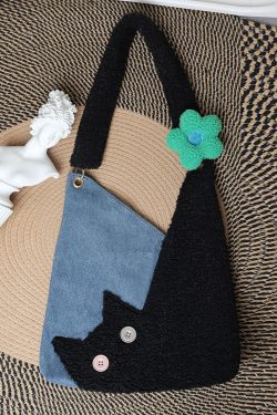 Checkered Denim Cat Plush Large Capacity Shoulder Crossbody Bag - Cute Artistic Style for Unique Fashion Lovers