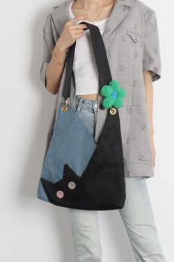 Checkered Denim Cat Plush Large Capacity Shoulder Crossbody Bag - Cute Artistic Style for Unique Fashion Lovers