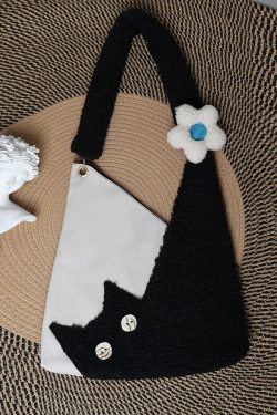 Checkered Denim Cat Plush Large Capacity Shoulder Crossbody Bag - Cute Artistic Style for Unique Fashion Lovers