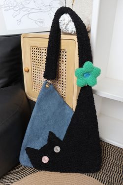 Checkered Denim Cat Plush Large Capacity Shoulder Crossbody Bag - Cute Artistic Style for Unique Fashion Lovers