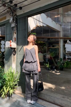 Checkered Long Camisole for Women - Strap Waist Casual Top in Summer 2025 Style, Perfect for Petite Sizes, Trendy 90s Inspired Fashion