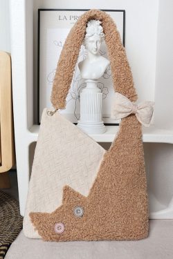 Checkered Plush Cat Shoulder Bag - Large Capacity Crossbody in Melard Forest Style - Cute Niche Design