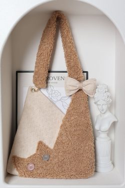 Checkered Plush Cat Shoulder Bag - Large Capacity Crossbody in Melard Forest Style - Cute Niche Design