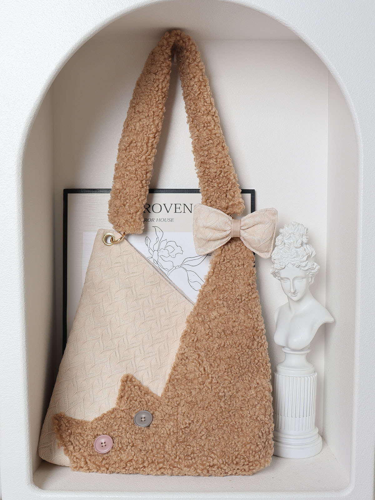 Checkered Plush Cat Shoulder Bag - Large Capacity Crossbody in Melard Forest Style - Cute Niche Design Checkered Plush Cat Shoulder Bag - Large Capacity Crossbody in Melard Forest Style - Cute Niche Design