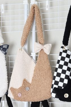 Checkered Plush Cat Shoulder Bag - Large Capacity Crossbody in Melard Forest Style - Cute Niche Design
