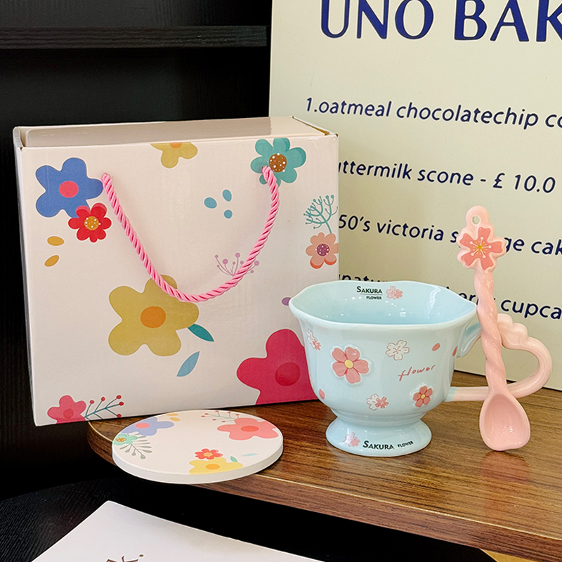 Cherry Blossom Ceramic Mug with Spoon - Aesthetic Coffee Cup for Girls, Perfect Office Gift or Valentine's Day Present Cherry Blossom Ceramic Mug with Spoon - Aesthetic Coffee Cup for Girls, Perfect Office Gift or Valentine's Day Present