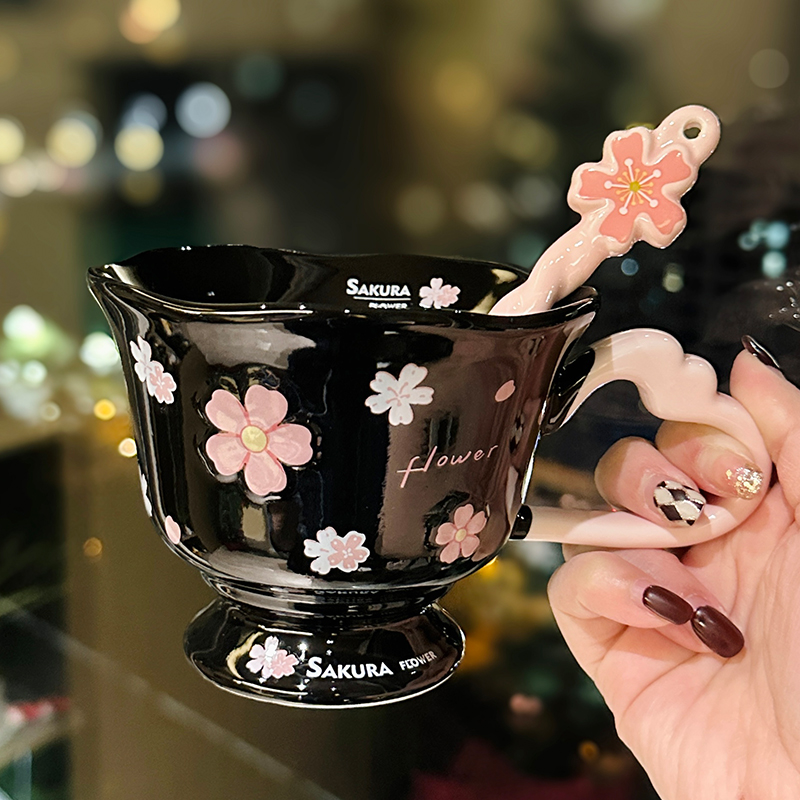 Cherry Blossom Ceramic Mug with Spoon - Aesthetic Coffee Cup for Girls, Perfect Office Gift or Valentine's Day Present Cherry Blossom Ceramic Mug with Spoon - Aesthetic Coffee Cup for Girls, Perfect Office Gift or Valentine's Day Present