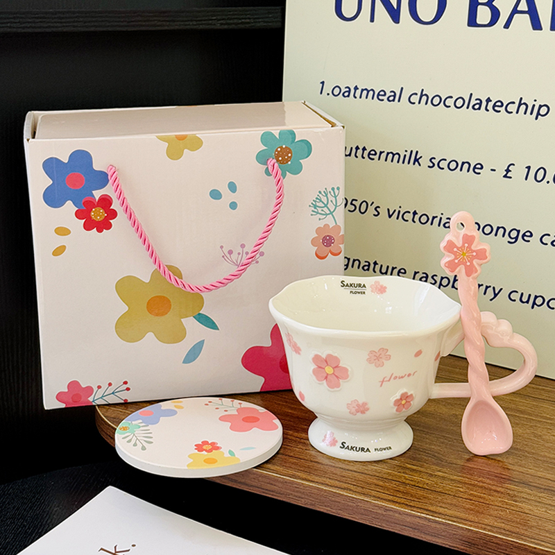 Cherry Blossom Ceramic Mug with Spoon - Aesthetic Coffee Cup for Girls, Perfect Office Gift or Valentine's Day Present Cherry Blossom Ceramic Mug with Spoon - Aesthetic Coffee Cup for Girls, Perfect Office Gift or Valentine's Day Present