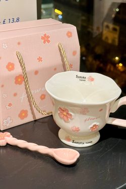 Cherry Blossom Ceramic Mug with Spoon - Aesthetic Coffee Cup for Girls, Perfect Office Gift or Valentine's Day Present